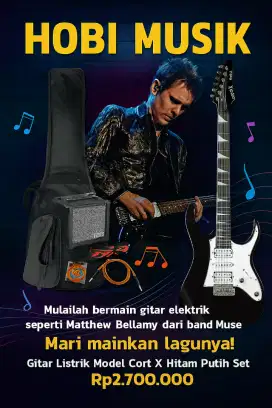 Gitar Listrik Elektrik Cort X Hitam Putih Black White Set Amplifier