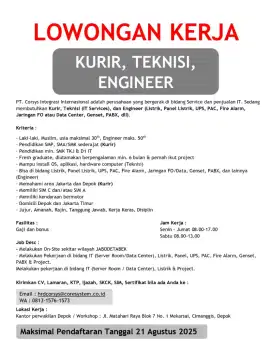 LOWONGAN KERJA KURIR, TEKNISI, ENGINEER LISTRIK