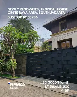 DISEWAKAN TROPICAL HOUSE VILLA UNTUK EKSPATRIAT DI CIPETE JAKSEL