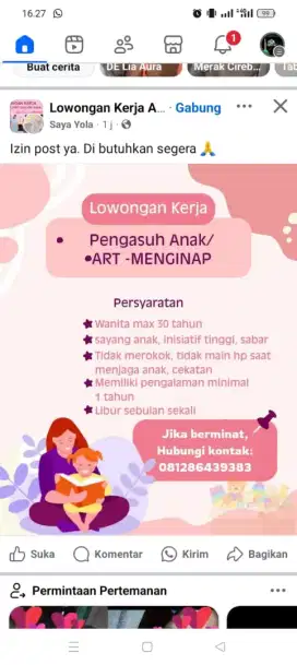 Di Cari Pengasuh + Art untuk anak 2 Tahun