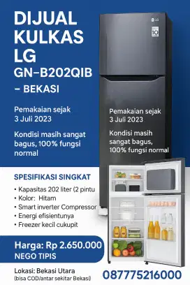 DIJUAL KULKAS LG (second) 2 PINTU GN-B202SQIB – BEKASI UTARA
