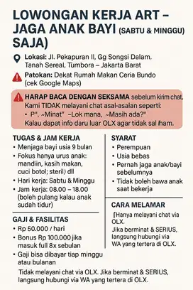 LOWONGAN KERJA ART – JAGA ANAK BAYI (SABTU & MINGGU SAJA)