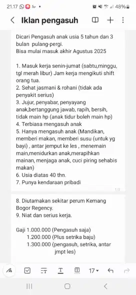 Dicari Cepat Pengasuh anak usia 5thn dan 3bln
