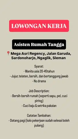 Lowongan Pekerjaan Asisten Rumah Tangga
