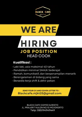 LOKER HEADCOOK BARISTA COOK SERVER CAFE MOJOKERTO