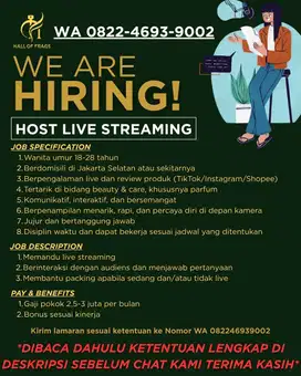 LOWONGAN KERJA HOST LIVE STREAMING - LOKER GAJI TINGGI JAKARTA SELATAN