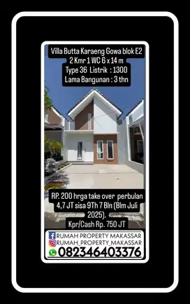 Villa Butta Karaeng Gowa blok E2 2 Kmr 1 WC 6 x 14 m Type 36  L