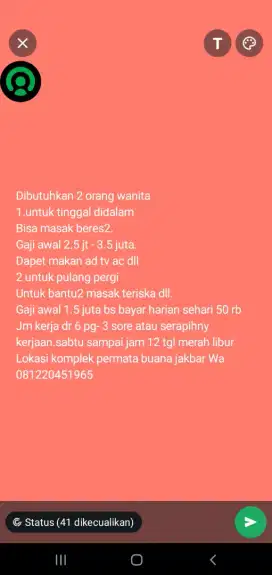 Dibutuhan 2 orang wanita buat masak dab beberes