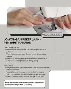 LOWONGAN KERJA PENJAHIT PAKAIAN