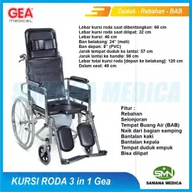 Kursi Roda 3 in 1 Serbaguna ( Selonjor + Berbaring + Duduk + BAB)