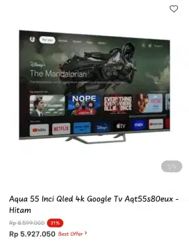 Aqua 55inc Qled 4k Google Tv Aqt55s80eux -Hitam