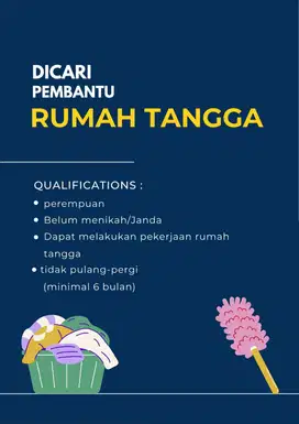 DICARI PEMBANTU RUMAH TANGGA JATISARI, BEKASI