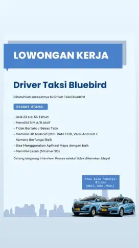 Lowongan Kerja Driver Taxi Bluebird Pool Kelapa Gading