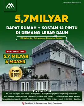 Hunian Mewah 2 lantai, Sekaligus Bisnis Kos2an di Demang lebar daun