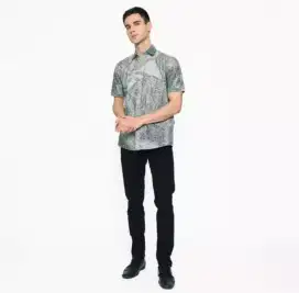 Kemeja Batik Pria Premium Pendek Size L Slim Fit Motif Hijau Keren