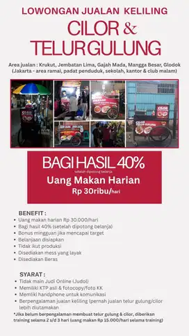 Lowongan Jualan Cilor&Telur Gulung (Uang harian 30rb + bagi hasil 40%)