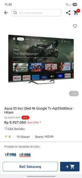 Ready stok tv 55 inc aqua google tv