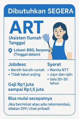 Di cari ART wanita NTT yang bisa memasak dan tidak takut anjing