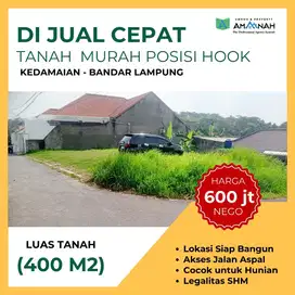 TANAH 400 M2 DI JUAL MURAH LOKASI KEDAMAIAN BANDAR LAMPUNG TKT