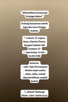 Butuh cepat karyawan jaga ruko bakso