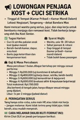 Lowongan Jaga Kost Tinggal di tempat, khusus Wanita 18-28 tahun