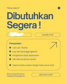 Dicari Koki untuk resto bakmi, berlokasi di Gading Serpong