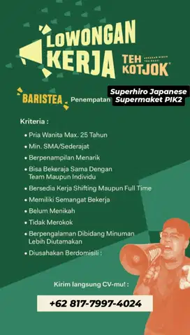 Dibutuhkan segera Karyawan Barista di wilayah PIK2