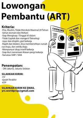 Lowongan untuk Pembantu Rumah Tangga Pria (ART)