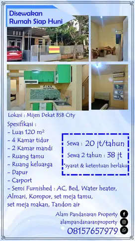 Sewa Cepat Rumah 2LT Dekat Mijen BSB
