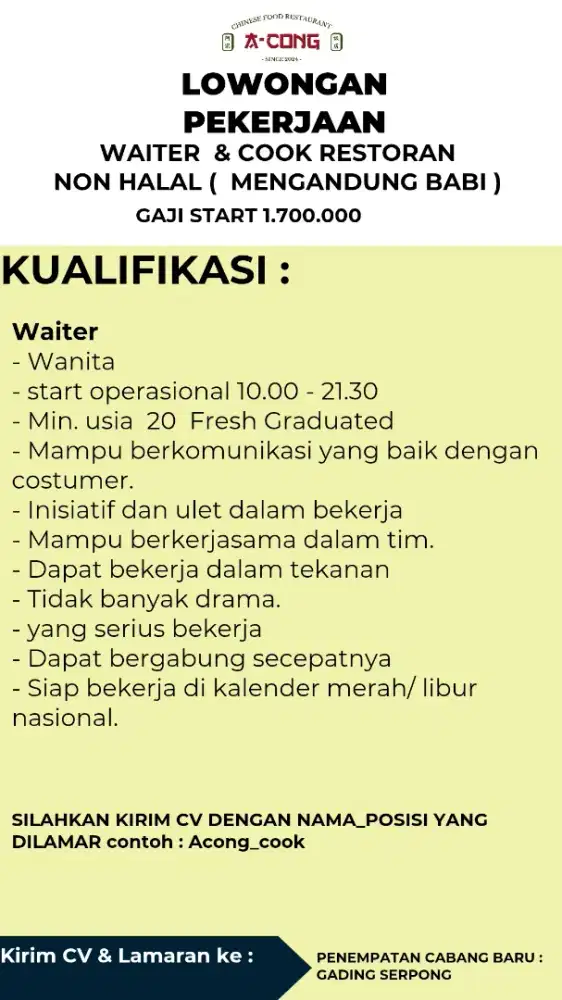 DICARI WAITER UNTUK ACONG CHINESE FOOD GADING SERPONG