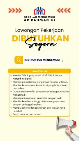 LOWONGAN KERJA INSTRUKTUR MENGEMUDI (WANITA) DIUTAMAKAN
