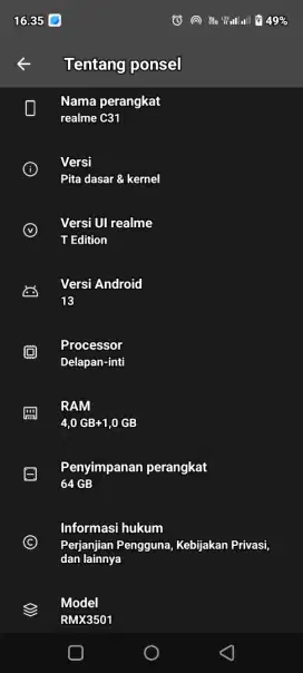 realme c31 ram 4+1 /64gb kondisi masih mulus batangan aja