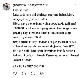DIBUTUHKAN TENAGA KERJA WANITA BABY SITTER