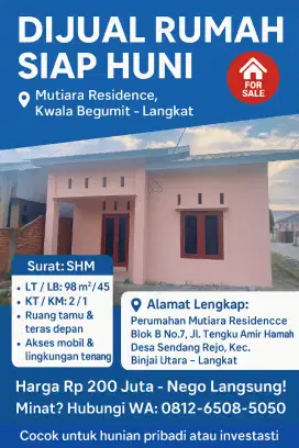 Dijual Cepat Rumah posisi Hook di Kwala Begumit