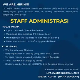 Lowongan Staff Admin Gudang