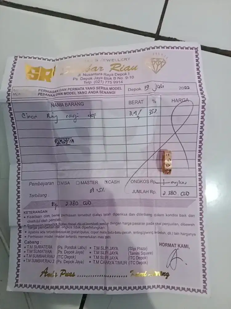 Cincin emas kadar 750