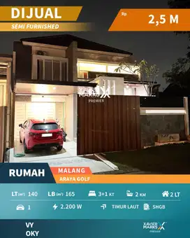 Dijual Rumah Baru Semi Furnish Modern di Araya Golf Malang