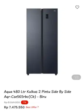 Aqua 480 Ltr Kulkas 2 pintu Side by side Aqr- Cse565 (Cb) - Biru