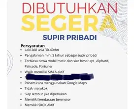 DICARI SUPIR PRIBADI JAKARTA BARAT