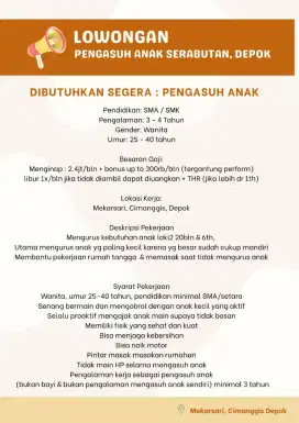 Lowongan Kerja Pengasuh Anak ART Serabutan Mekarsari Cimanggis Depok