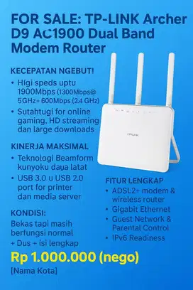 TP-Link Archer D9 | Dual Band Wi-Fi Router | Harga 1 Juta Nego!