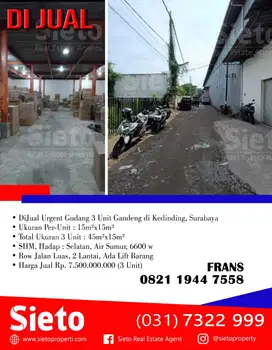 DiJual Urgent Gudang 3 Unit Gandeng di Kedinding, Surabaya