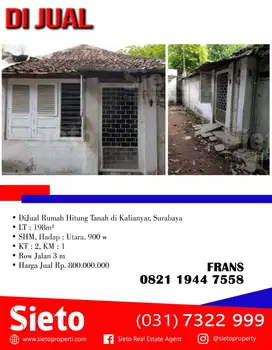 DiJual Rumah Hitung Tanah di Kalianyar, Surabaya