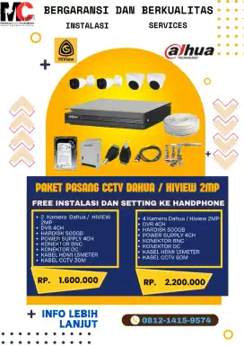 Paket CCTV komplit pemasangan Termurah bergaransi dahua / hiview 2MP