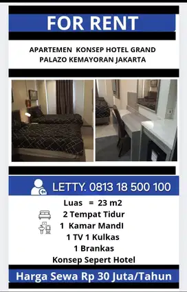 Apartemen Konsep Hotel Grand Palace Kemayoran Rp 30 Juta / tahun