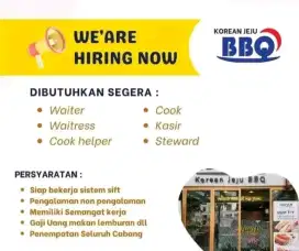 Dibutuhkan waiter waitress cliening servis Steward cook
