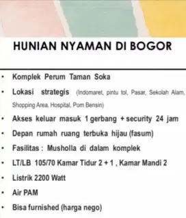 Dijual Rumah Taman Soka Kota Bogor Utara Pintu Tol BORR Sentul Selatan