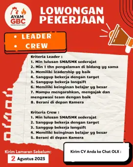 Lowongan kerja leader dan crew ciledug tangerang
