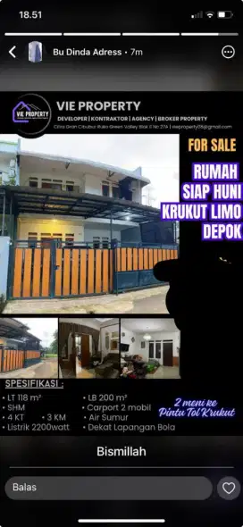 DI JUAL CEPAT RUMAH DAERAH KRUKUT DEPOK LIMO