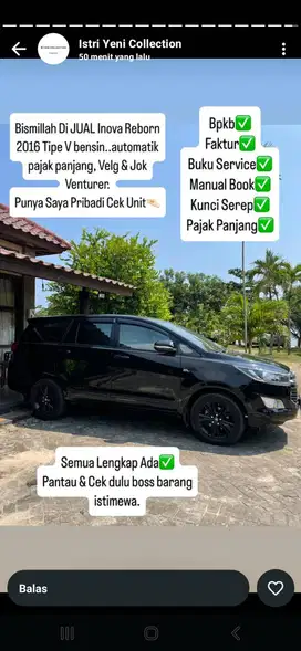 Innova reborn tipe v matic bensin..pajak hidup..mobil no pr